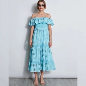 🔥T Tahari Elegant Eyelet Blue Off-Shoulder  Dress